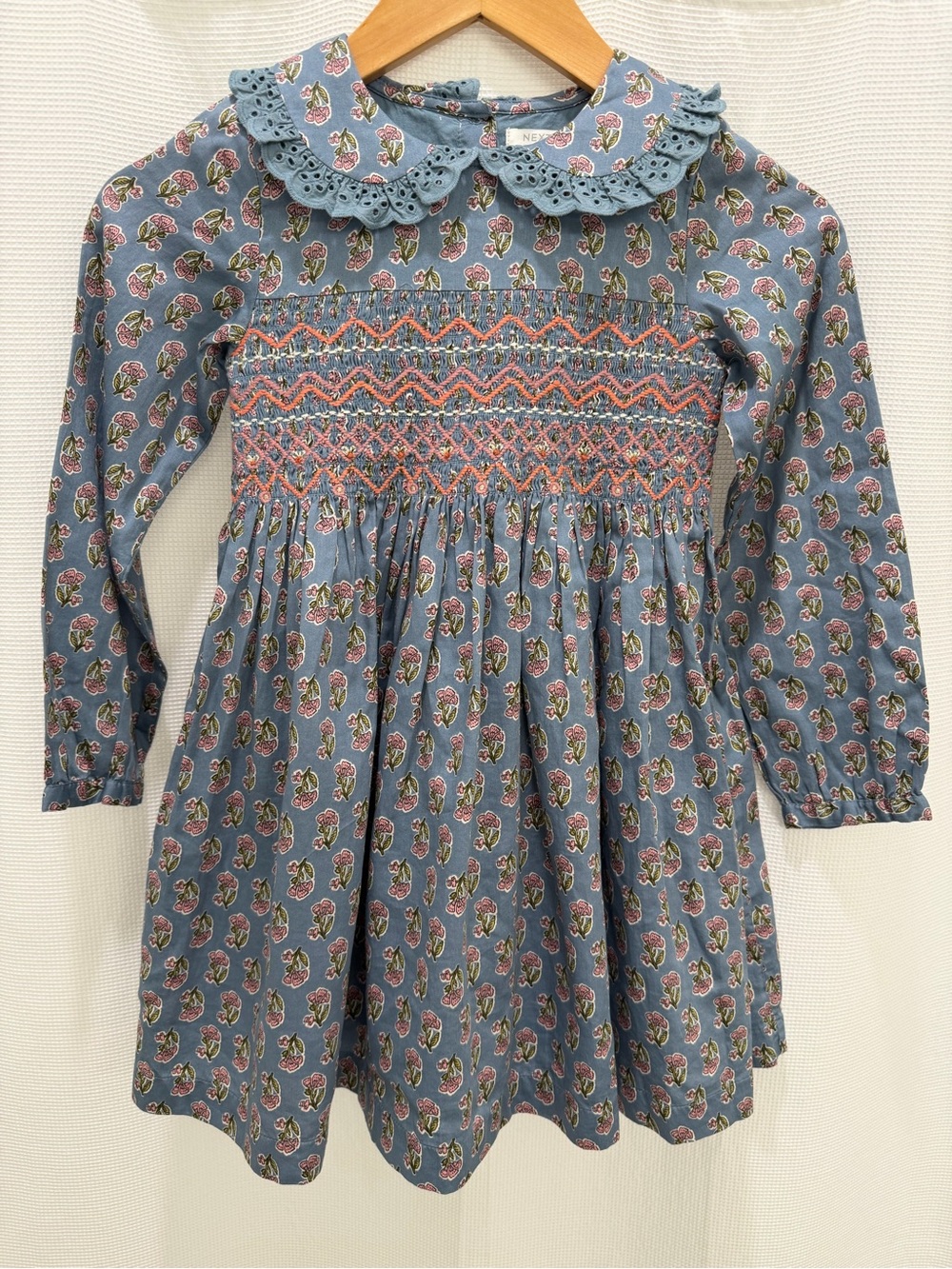 NEXT Girls' Blue Floral Smocked Long-Sleeve Dress